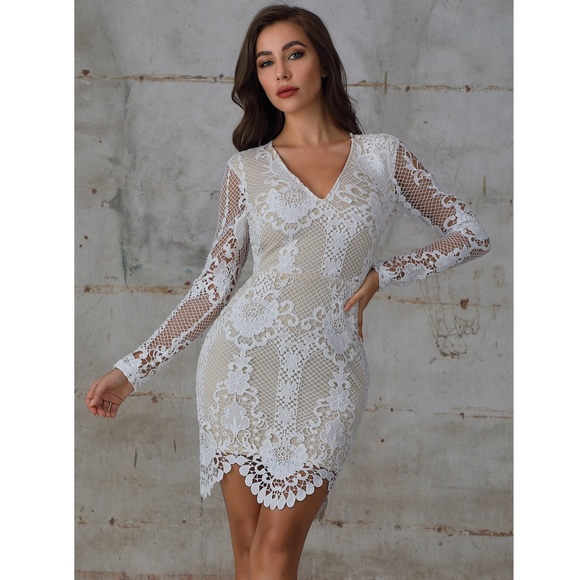 White Guipure V-Neck Bodycon Mini Dress - Picture 2 of 9